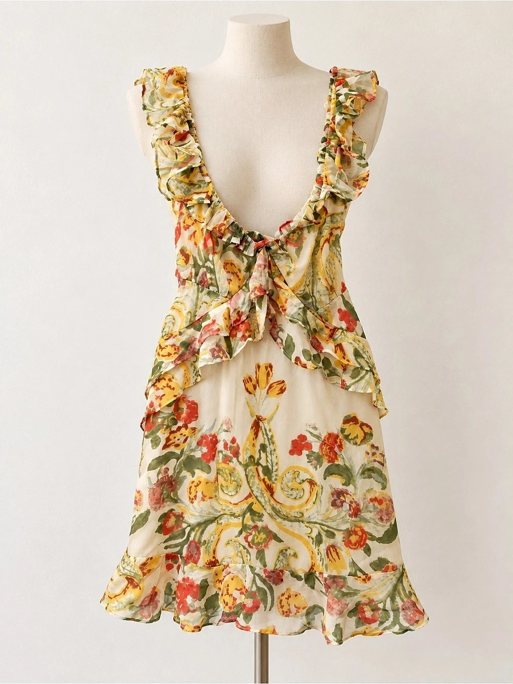 Free People Bali Flora Tea Combo Floral Ruffle Mini Dress Size L NWT